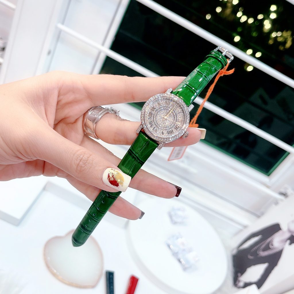 Đồng hồ Davena nữ dây da màu xanh lá cây