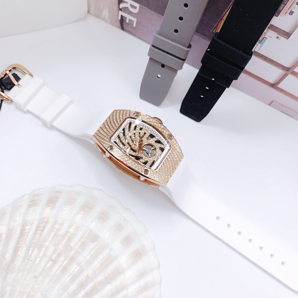 Đồng hồ Hanboro Rose Gold đính đá nữ chính hãng màu trắng