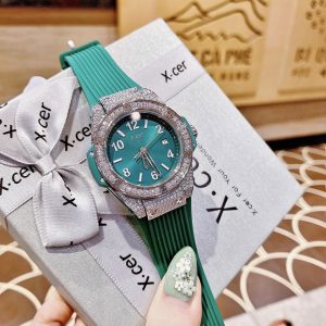 Đồng hồ X-Cer nữ chính hãng đính đá dây cao su màu xanh lá cây 36mm