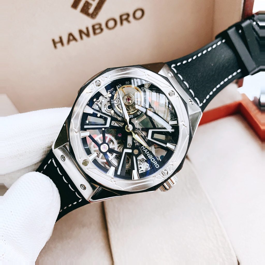 Đồng hồ cơ lộ máy Hanboro chính hãng nam dây da màu đen