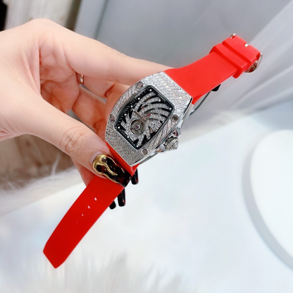 Đồng hồ nữ màu đỏ Hanboro chính hãng đính đá hình lốc xoáy 36mm