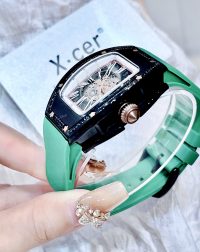 Đồng hồ cơ nữ X-Cer chính hãng dây cao su màu xanh lá cây vỏ gốm đen 36mm