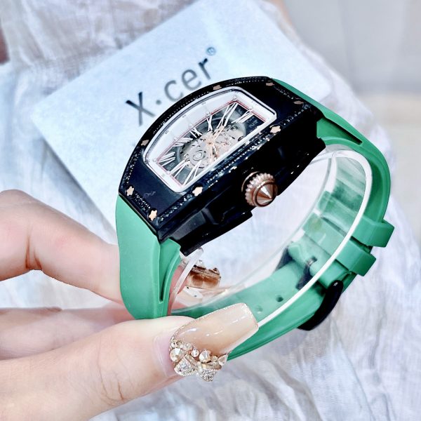 Đồng hồ cơ nữ X-Cer chính hãng dây cao su màu xanh lá cây vỏ gốm đen 36mm