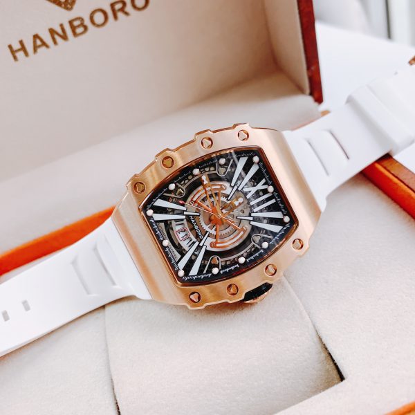 Đồng hồ cơ nam Hanboro chính hãng vỏ vàng hồng dây cao su trắng 44mm