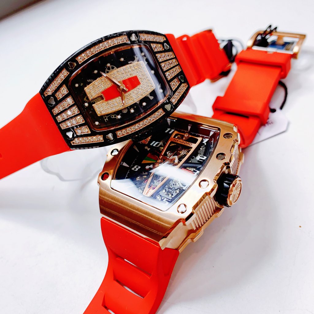 Đồng hồ cặp chính hãng Hanboro dây cao su màu đỏ dáng toneau 36/44mm