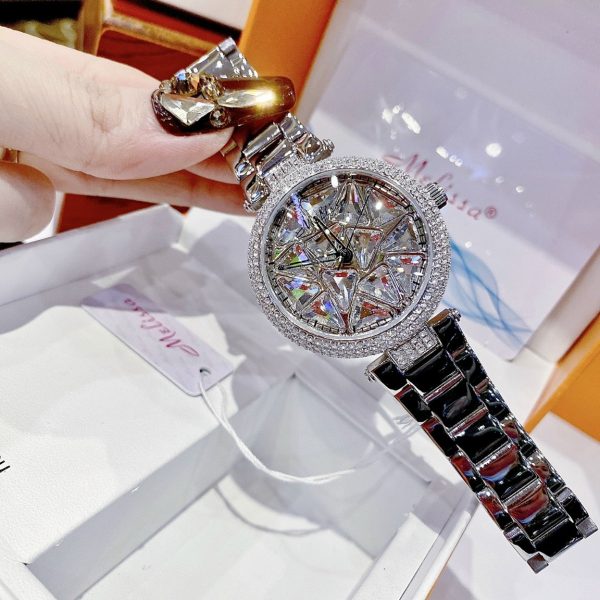 Đồng hồ Melissa chính hãng F8258 nữ mặt tròn cắt khối 3D