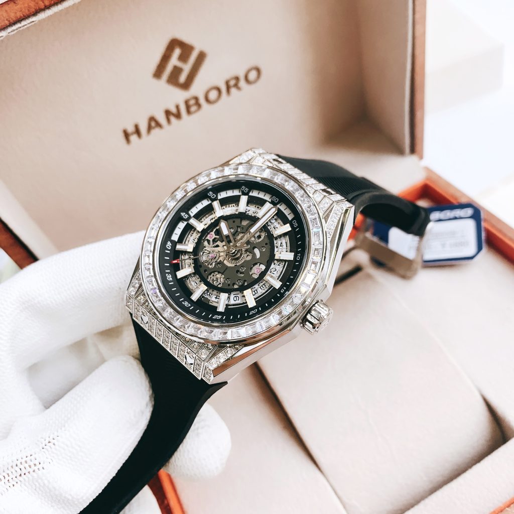 Đồng hồ Hanboro đính đá nam máy cơ automatic chính hãng màu đen