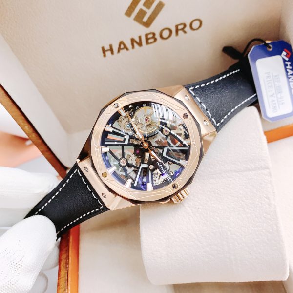 Đồng hồ Hanboro cơ lộ máy automatic nam rose gold dây da đen