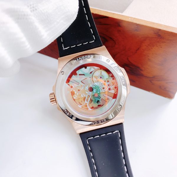 Đồng hồ Hanboro cơ lộ máy automatic nam rose gold dây da đen