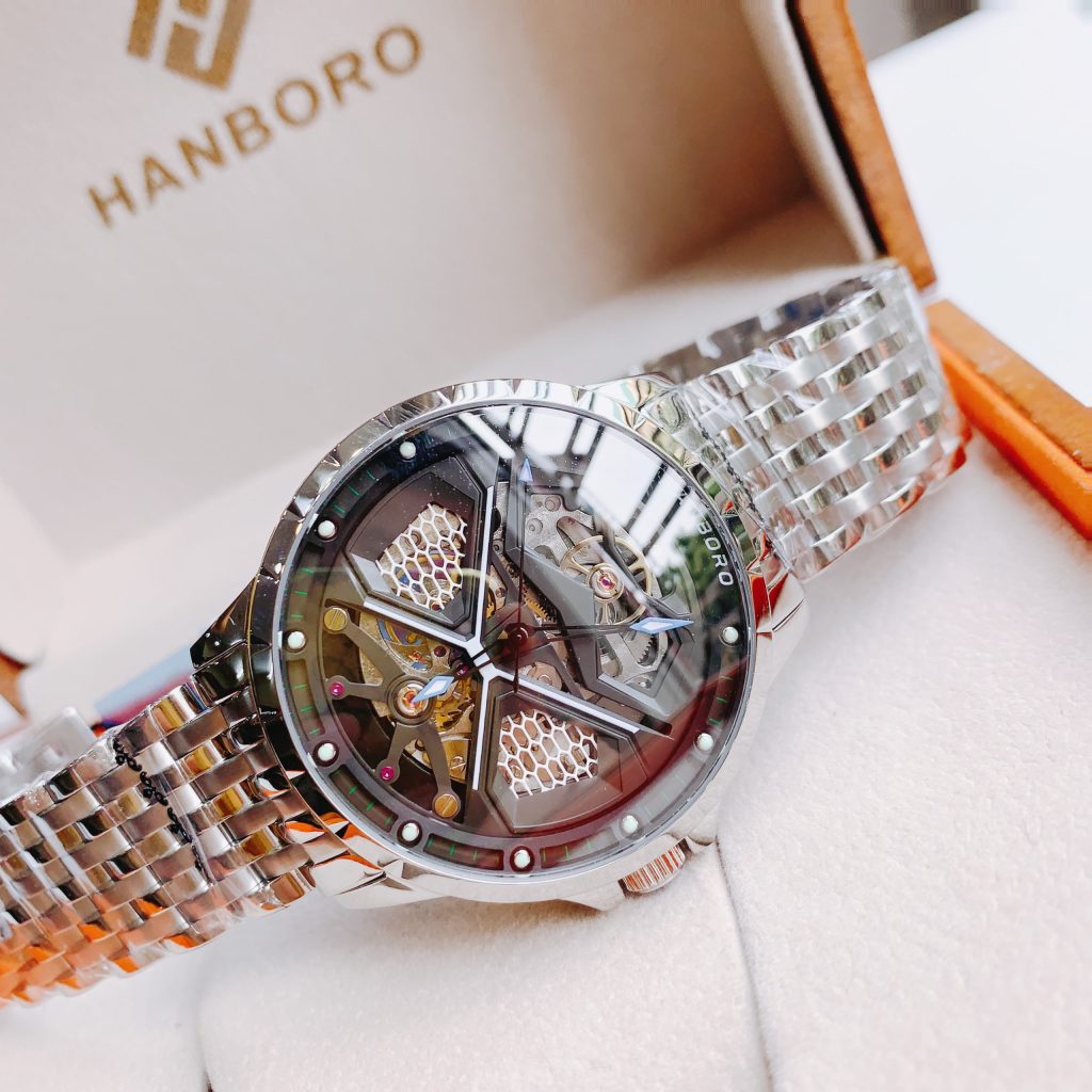 Đồng hồ Hanboro nam chính hãng mặt tròn dây kim loại lộ cơ siêu đẹp