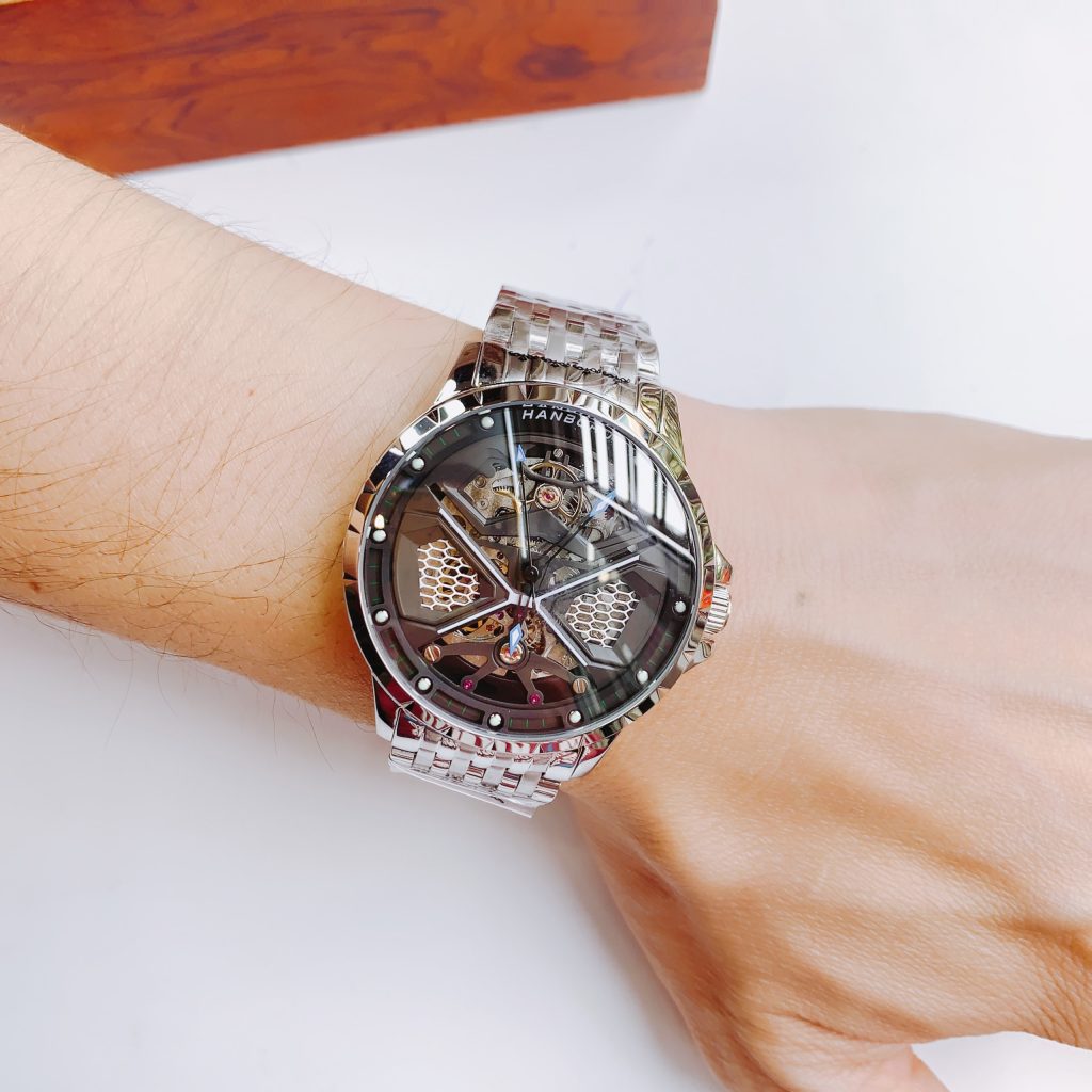 Đồng hồ Hanboro nam chính hãng mặt tròn dây kim loại lộ cơ siêu đẹp