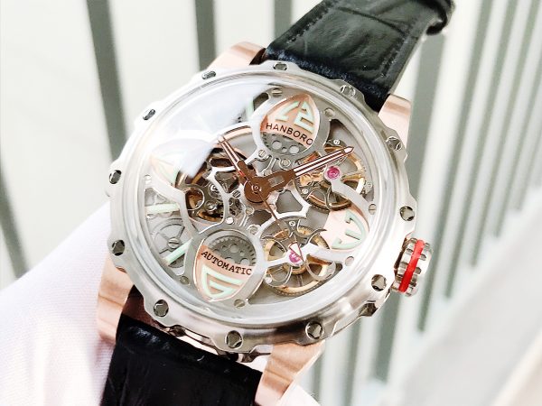 Đồng hồ nam Hanboro bản thiết kết siêu đẹp mặt tròn dây da