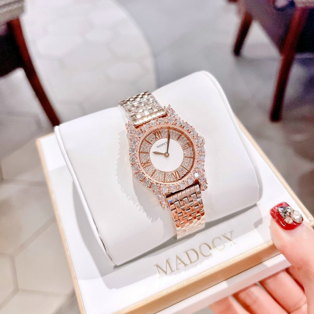 Đồng hồ nữ Madocy chính hãng mã M81699 màu hồng dây kim loại đính full đá