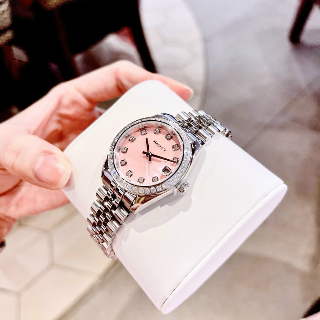 Đồng hồ nữ Madocy chính hãng mặt hồng dây kim loại cao cấp 3 kim