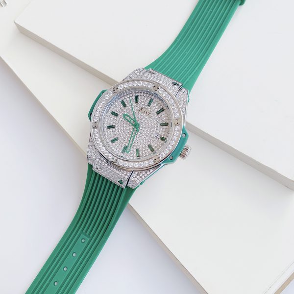 Đồng hồ nữ X-Cer chính hãng mặt tròn full đá dây cao su màu xanh cao cấp
