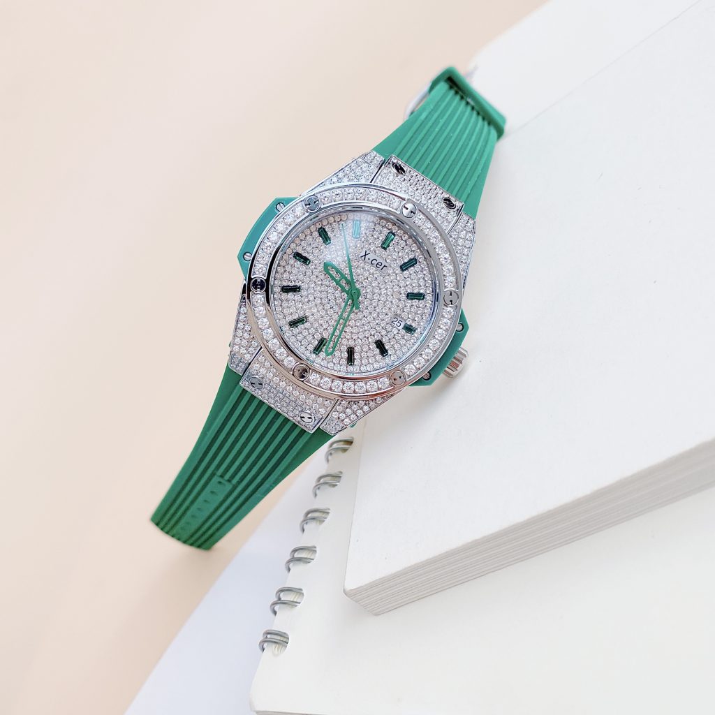 Đồng hồ nữ X-Cer chính hãng mặt tròn full đá dây cao su màu xanh cao cấp