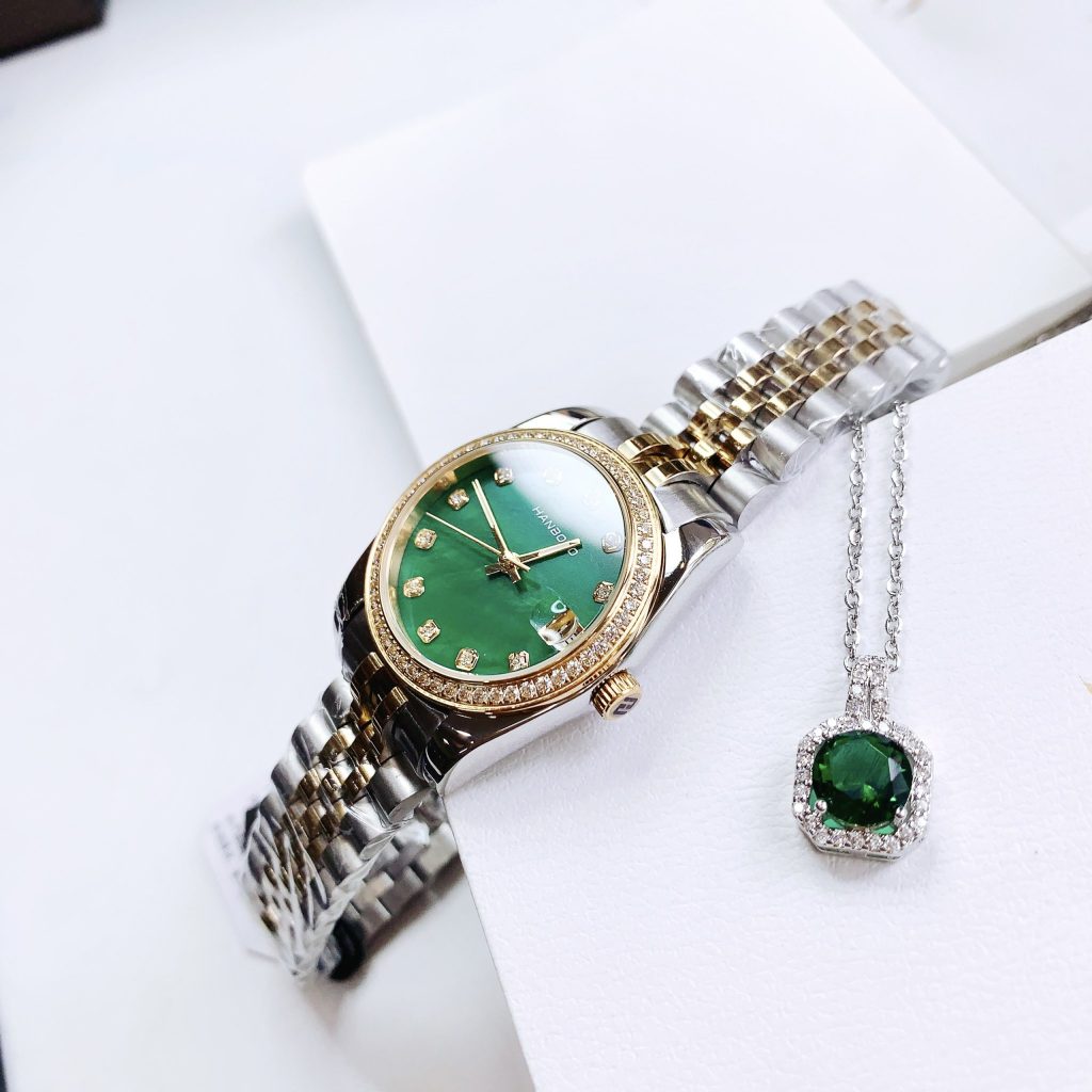 Đồng hồ nữ chính hãng Hanboro by Huboler mặt số xanh đính đá niềng 32mm