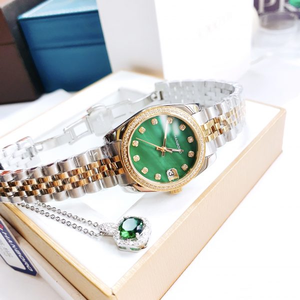 Đồng hồ nữ chính hãng Hanboro by Huboler mặt số xanh đính đá niềng 32mm