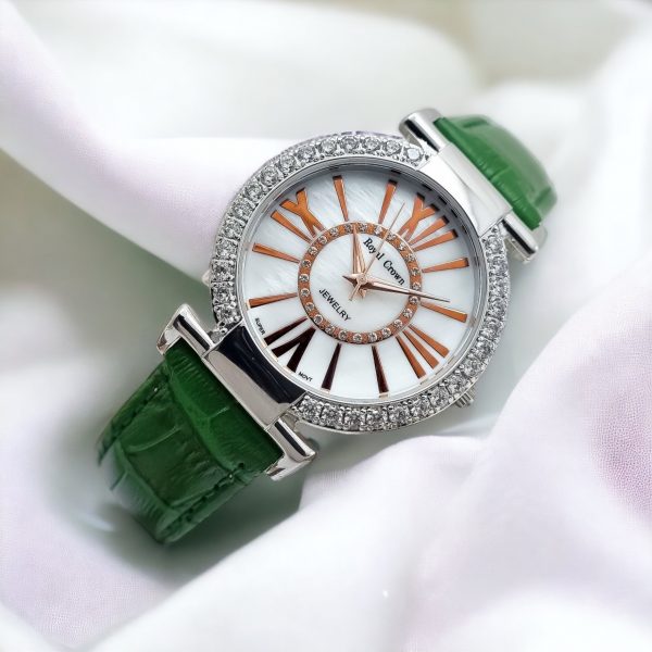 Đồng hồ nữ chính hãng Royal Crown 6116 dây da mặt trắng viền đá 35mm