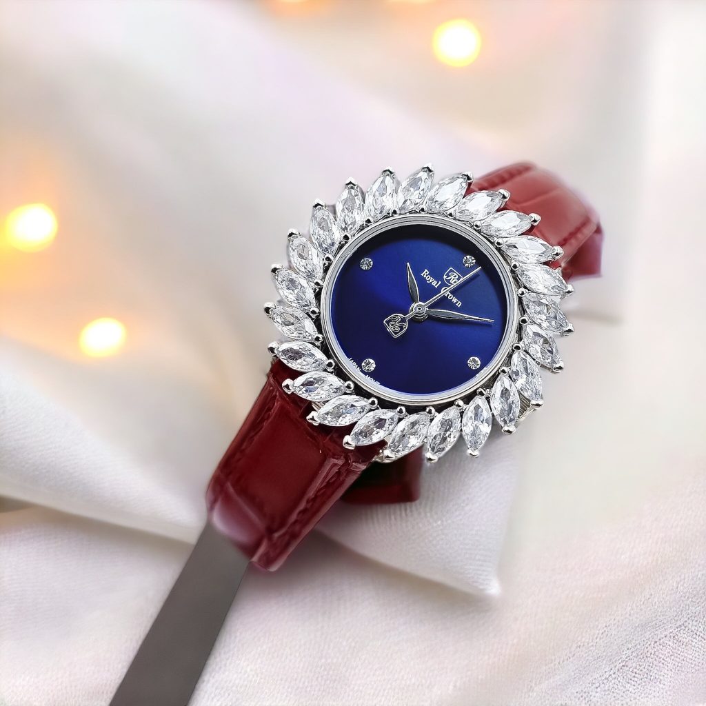 Đồng hồ nữ chính hãng Royal Crown 4652 dây da đỏ mặt số xanh cao cấp 32mm
