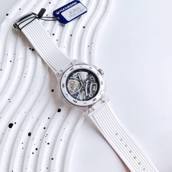 Đồng hồ nam chính hãng Hanboro by Huboler dây cao su trắng lộ cơ 43mm