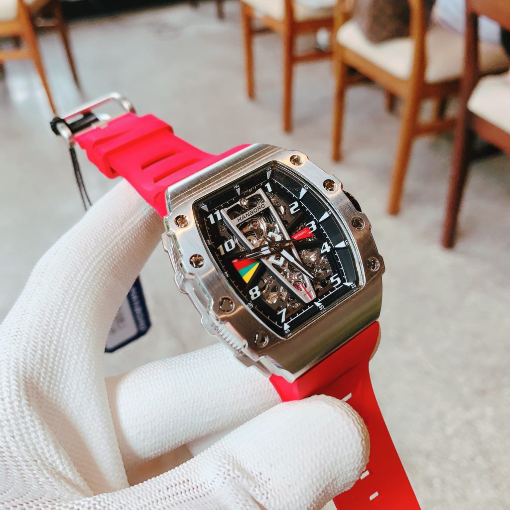 Đồng hồ nam chính hãng hanboro By Huboler dây cao su đỏ cá tính 43mm