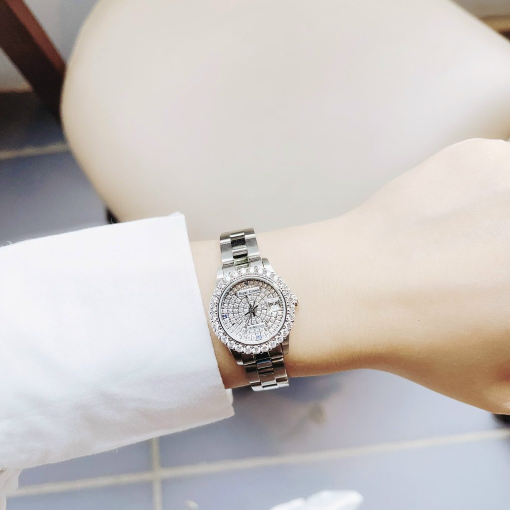 Đồng hồ nữ chính hãng Royal Crown dây kim loại mặt số đính đá 27mm
