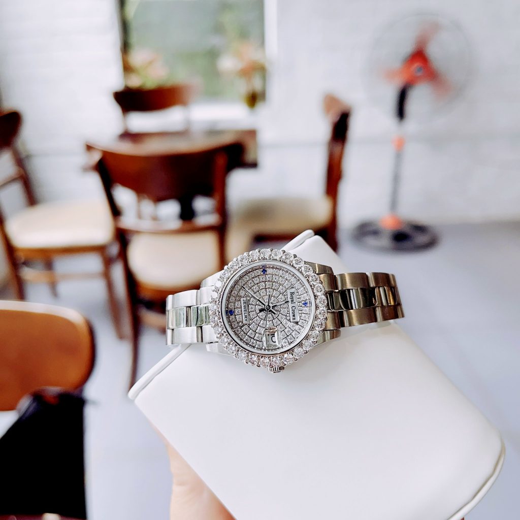 Đồng hồ nữ chính hãng Royal Crown dây kim loại mặt số đính đá 27mm