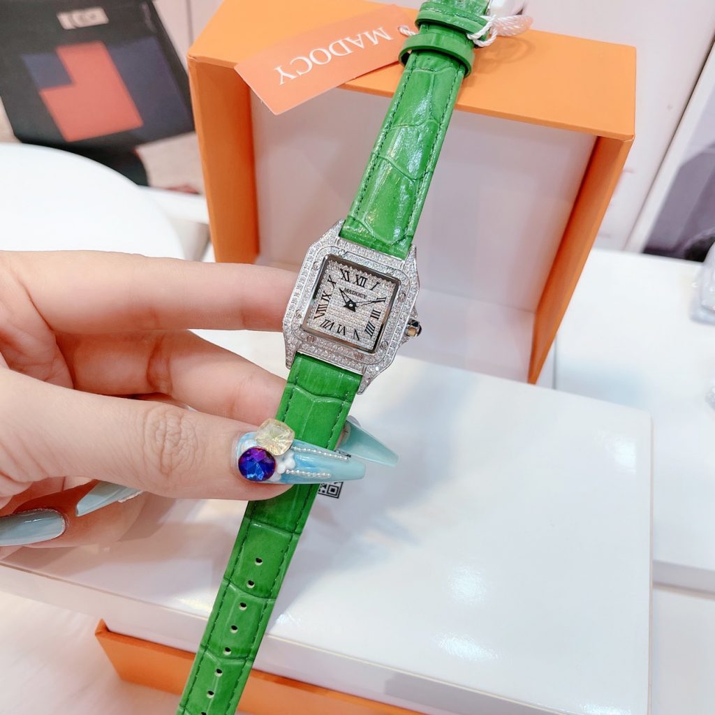 Đồng hồ nữ chính hãng Madocy mặt số đính đá dây da xanh cá tính 28mm