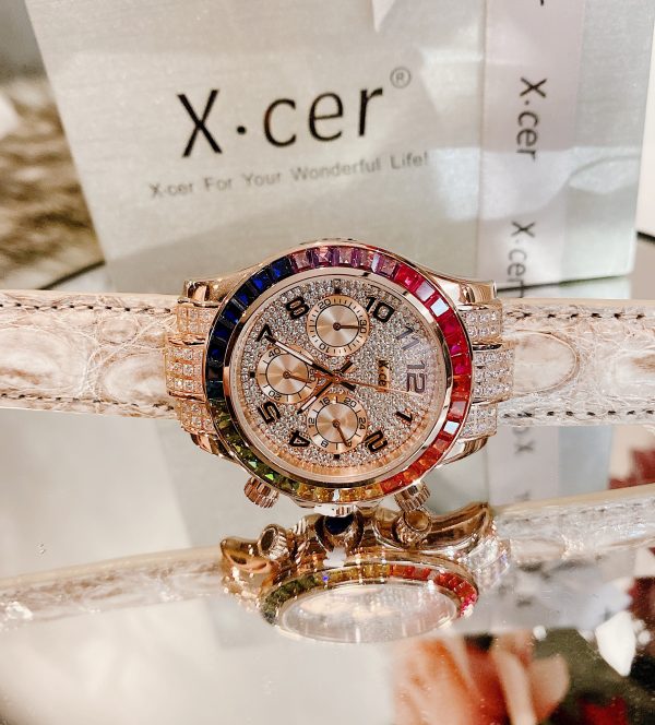 Đồng hồ nữ chính hãng X-Cer dây da Bezel đính đá vuông lấp lánh 39mm