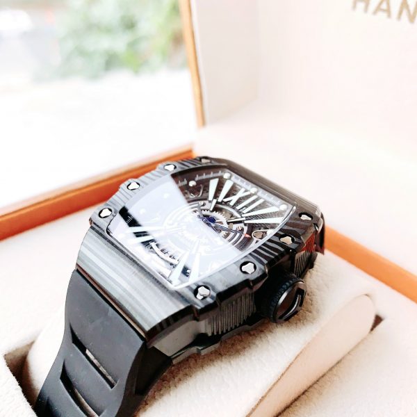 Đồng hồ nam chính hãng Hanboro mặt số đen viền thiết kế vân carbon 40mm