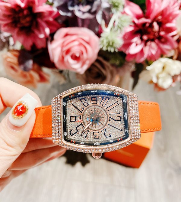Đồng hồ nữ chính hãng Guou dây da cam mặt số đính đá cá tính 34mm