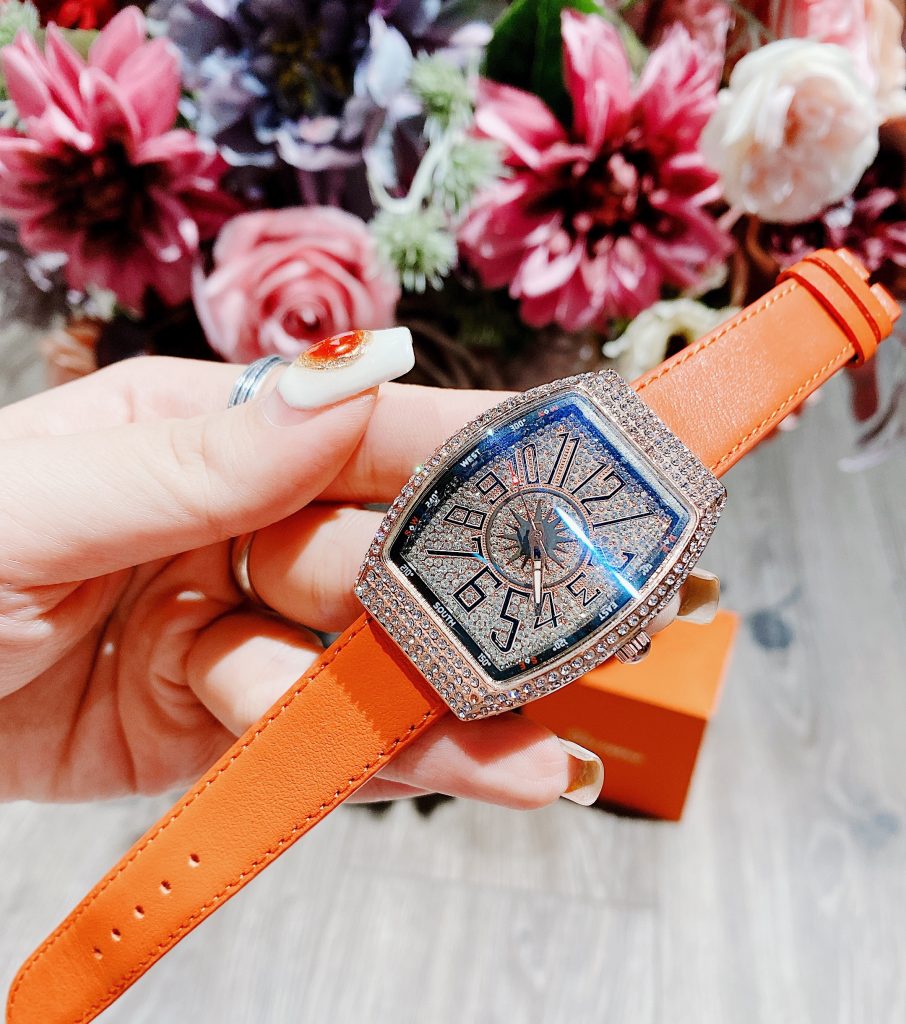 Đồng hồ nữ chính hãng Guou dây da cam mặt số đính đá cá tính 34mm