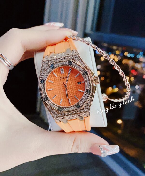 Đồng hồ nữ chính hãng X-Cer viền đính đá dây cao su màu cam cá tính 36mm