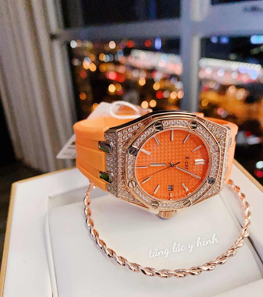Đồng hồ nữ chính hãng X-Cer viền đính đá dây cao su màu cam cá tính 36mm