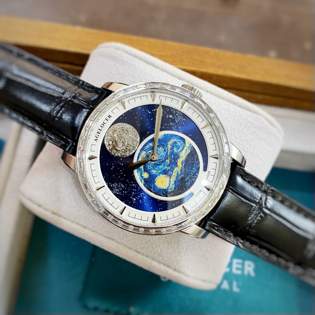 Đồng hồ nam chính hãng Agelocer 6401E9 Moon Phase dây da mặt trắng 40mm