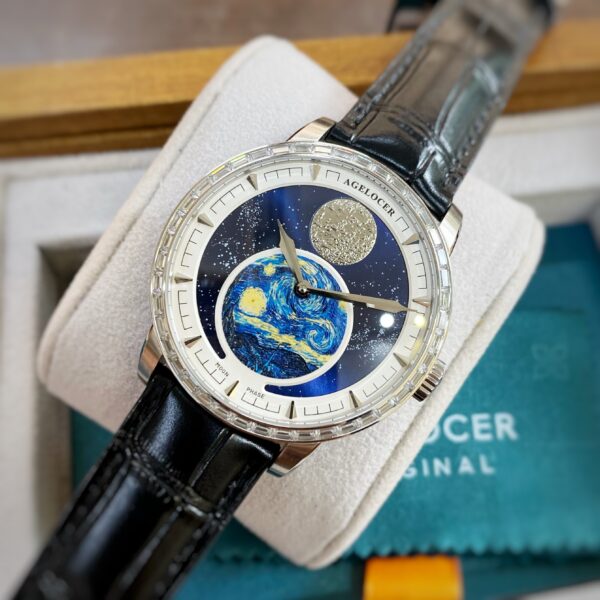 Đồng hồ nam chính hãng Agelocer 6401E9 Moon Phase dây da mặt trắng 40mm