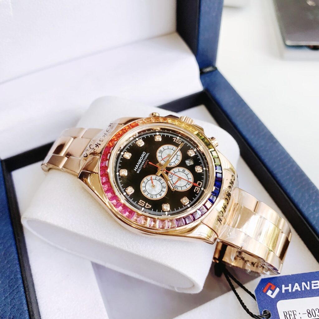 Đồng hồ nam chính hãng Hanboro Rainbow Rose Gold dây kim loại 43mm (2)