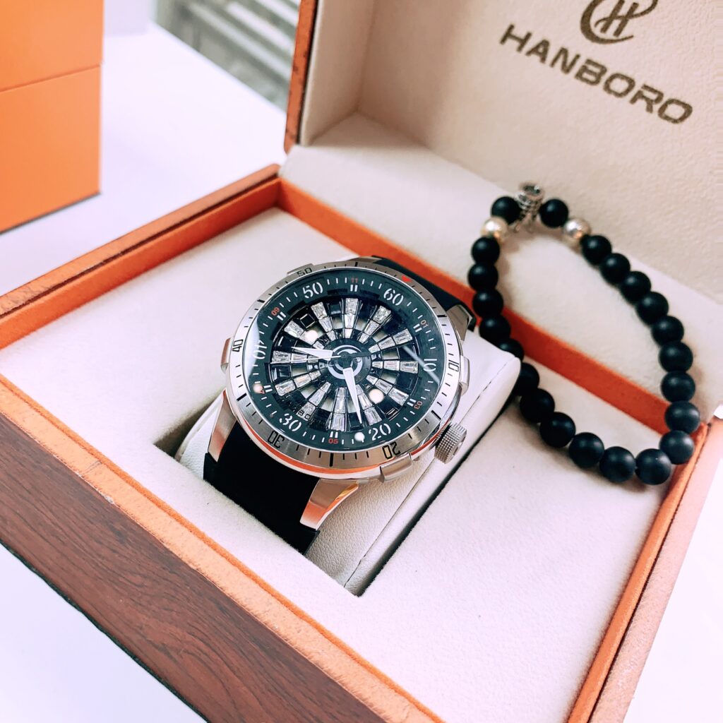 Đồng hồ nam chính hãng Hanboro cọc số đính đá Baguetee 46mm (2)