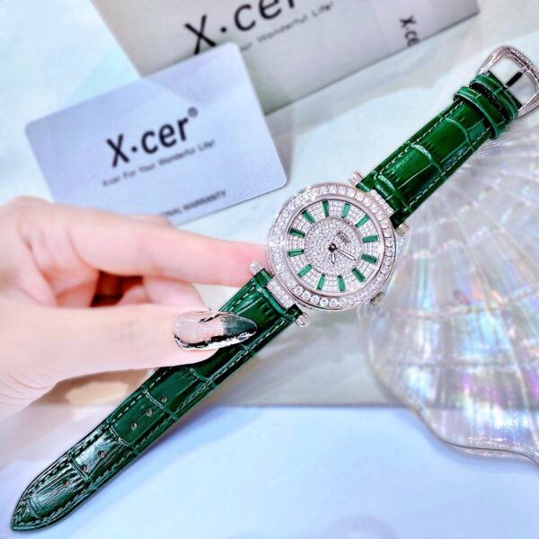 Đồng hồ nữ X-cer B0594 chính hãng đính đá dây da màu xanh lá 38mm (1)