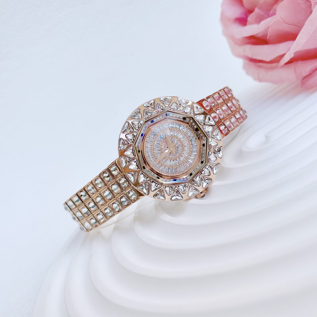 Đồng hồ nữ Davena 61832 rose gold chính hãng mặt xoay đính đá 38mm (1)