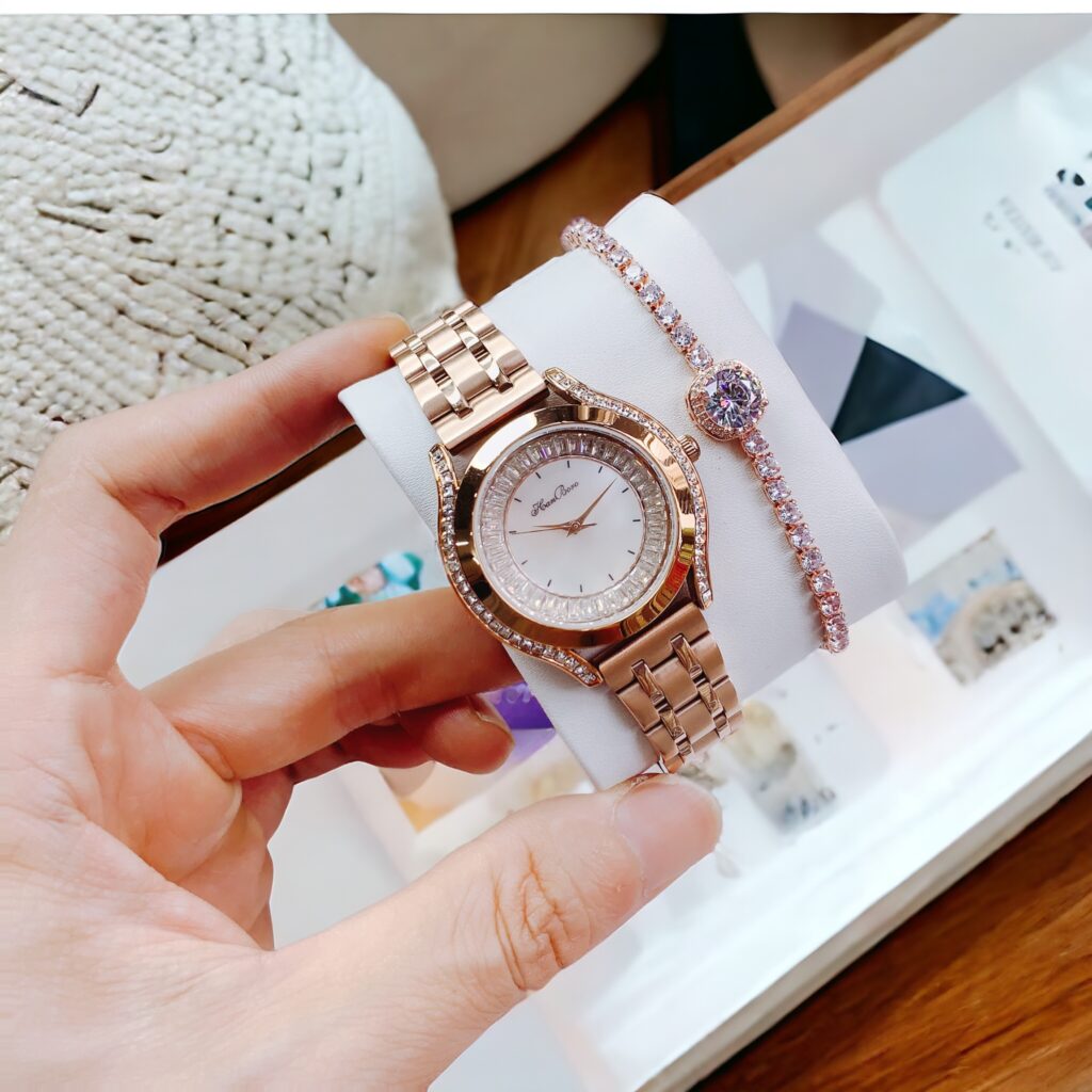 Đồng hồ nữ Hanboro rose gold đính đá chính hãng 35mm (2)